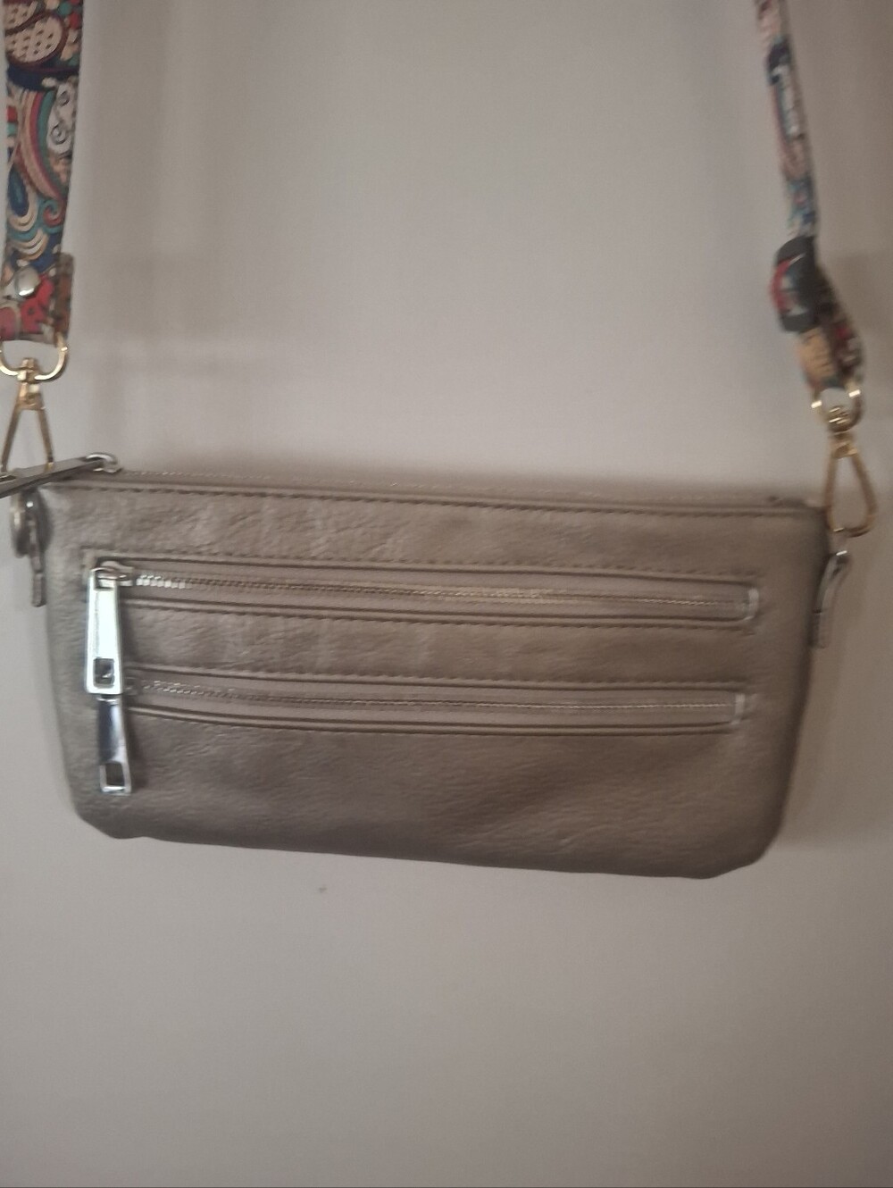 Metallic Taupe Crossbody Bag with Patterned Strap